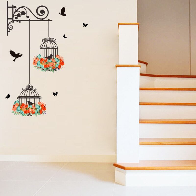 Colorful Flower birdcage flying birds wall sticker