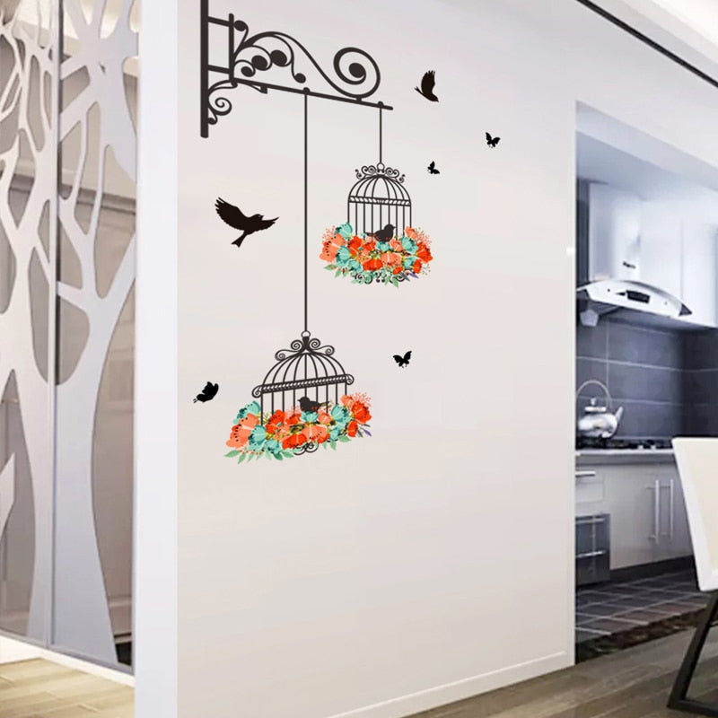 Colorful Flower birdcage flying birds wall sticker