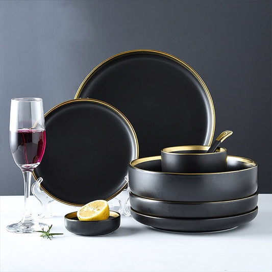 Black Tableware Set Ceramic Dinner Plate Dishes Plates and Bowls Set