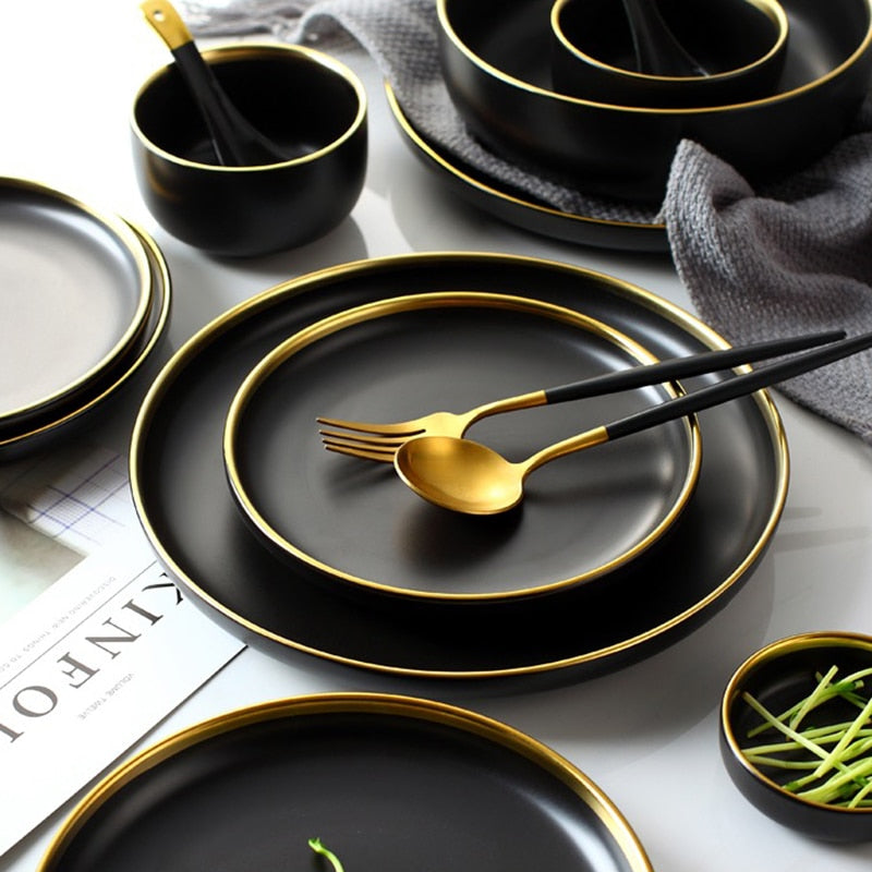 Black Tableware Set Ceramic Dinner Plate Dishes Plates and Bowls Set