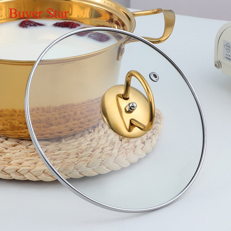 18cm Gold Soup Pot Stainless steel Cooking pots With Lid Metal Hot pot Kitchen Tools Household Cookware For Induction Cooker Gas