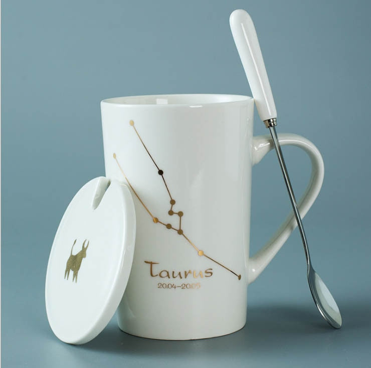 Zodiac Porcelain Mug with Spoon & Lid