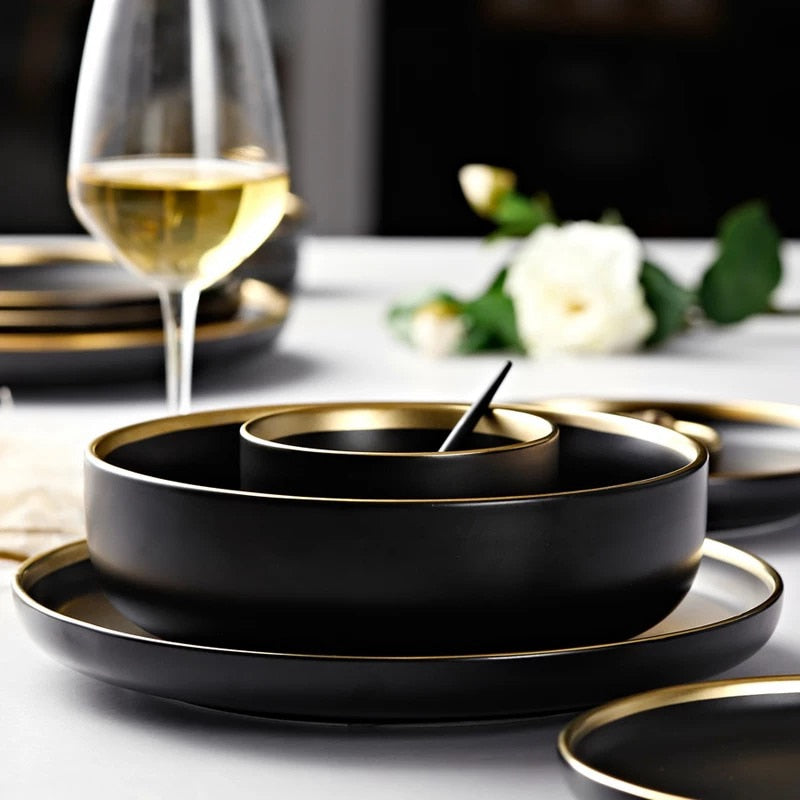 Black Tableware Set Ceramic Dinner Plate Dishes Plates and Bowls Set