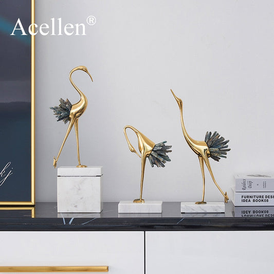Modern light luxury crystal copper crane animal decoration