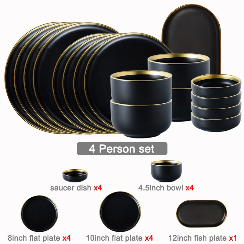 Black Tableware Set Ceramic Dinner Plate Dishes Plates and Bowls Set