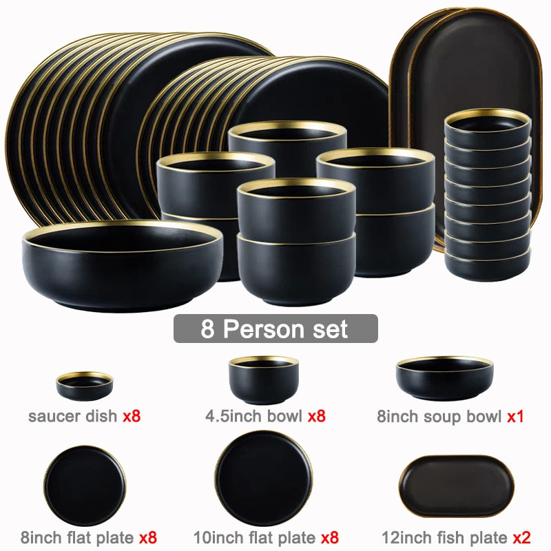 Black Tableware Set Ceramic Dinner Plate Dishes Plates and Bowls Set